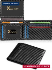 Mens Ultra Thin Wallet Carbon Black Leather RFID Bifold Minimalist 2 ID Windows