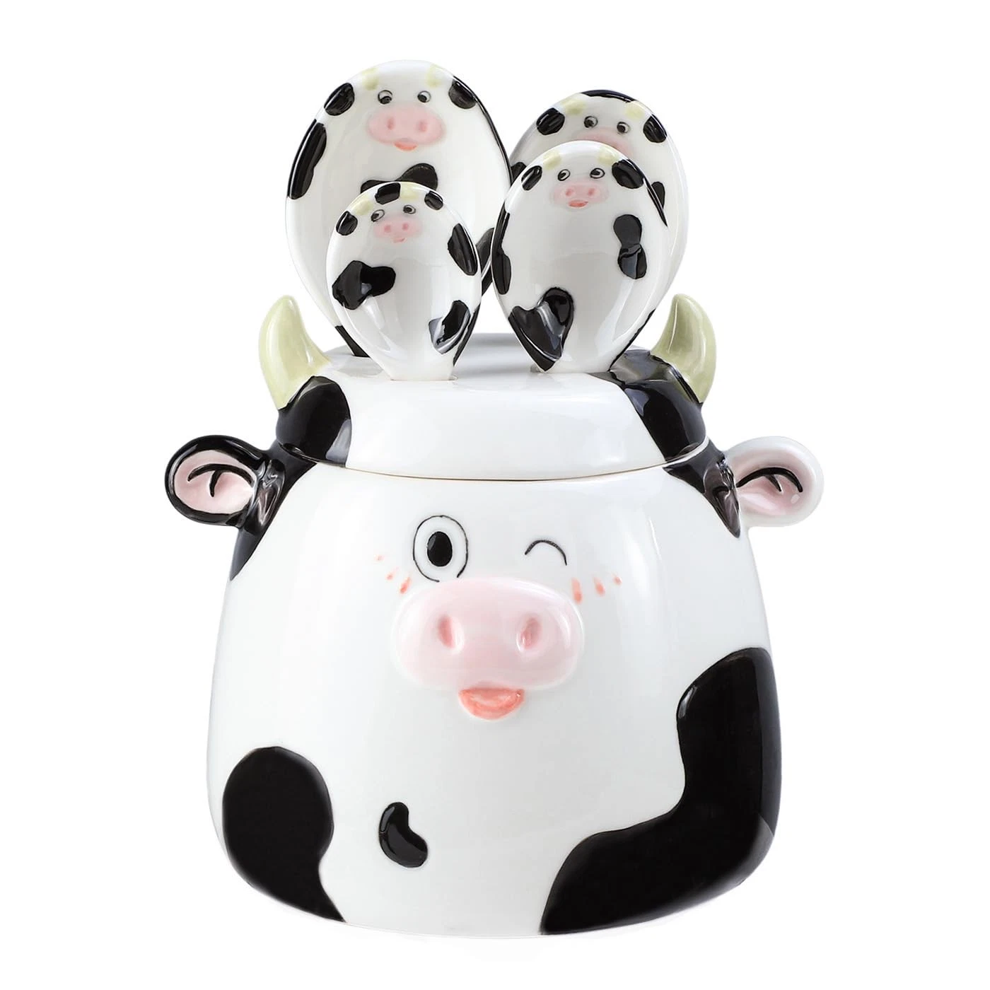 Bicuzat Ceramic Cow Pattern Measuring Spoons Set for Dry or Liquid with Measu...