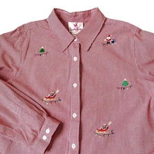 Quacker Factory Embroidered Santa Christmas Shirt Women M Red Gingham Button Up