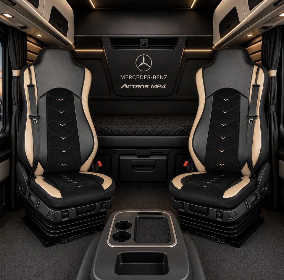 Housses Siège Camion Mercedes Actros MP4 Euro 6 2009-2019 1+1 Premium Noir Beige - Photo 1/4