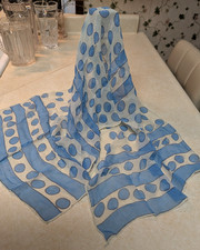 Echo 100 Silk Chiffon Scarf, Dots, Blue, Cream, Japan 44  X 16  Hand Rolled Hem