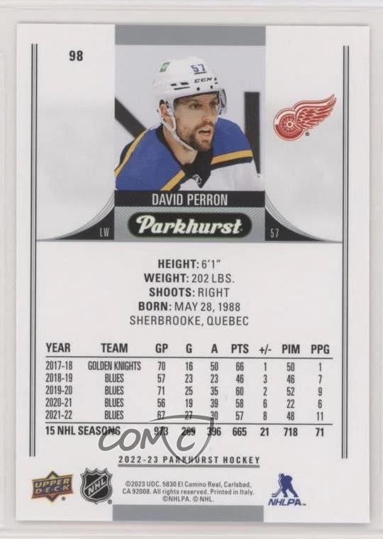 2022-23 Upper Deck Parkhurst Bronze Border David Perron #98 - Image 2 of 2