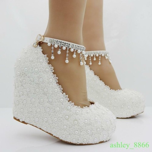 Womens White Wedding wedge heel Lace 