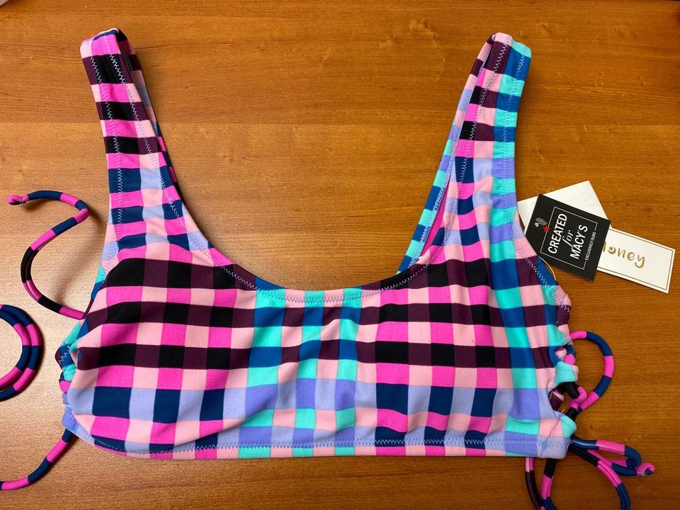 Top de bikini bralette estampado Hula Honey Check It Out rosa, L Foto 3 de 4