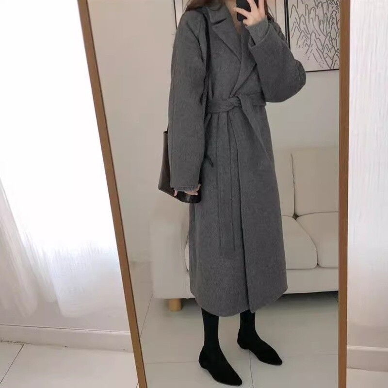 Korean Fashion Women's Wool Blend Coat Long Windbreaker Warm