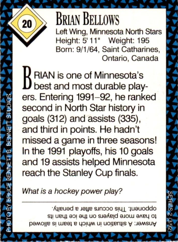 1992 Sports Illustrated for Kids #20 Brian Bellows Minnesota North Stars - Image 2 of 2