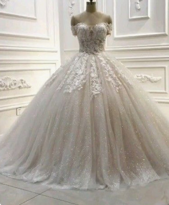 off the shoulder sparkly wedding dress