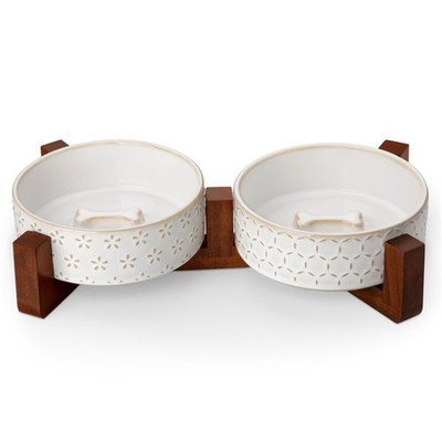 MALACASA Dog Bowl Set with Walnut Wood 1.5 Cups, Five-leaf Grass+Honeycomb 