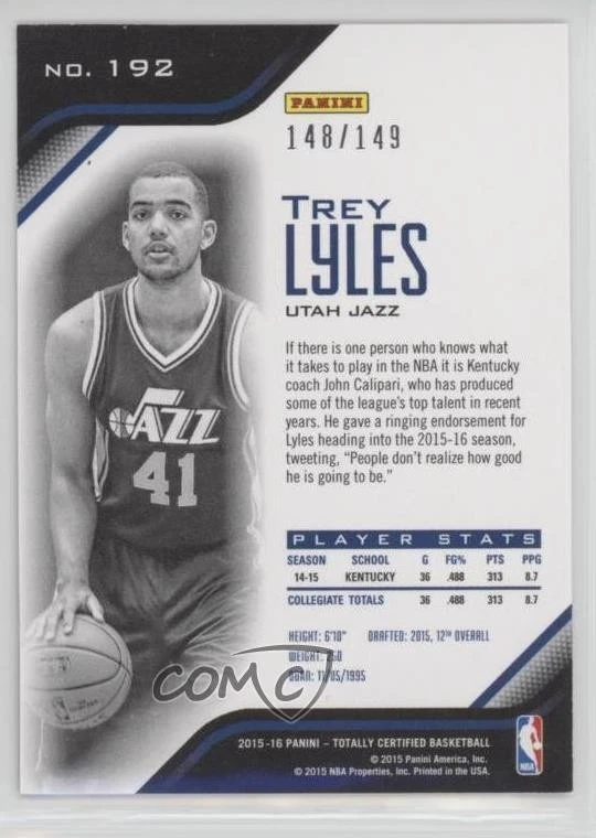 2015 Panini Totally Certified Rookies Mirror Red /149 Trey Lyles #192 Rookie RC - Image 2 of 2