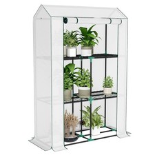 Outsunny 3 Tier Mini Greenhouse with PE Cover, Roll-Up Door, White