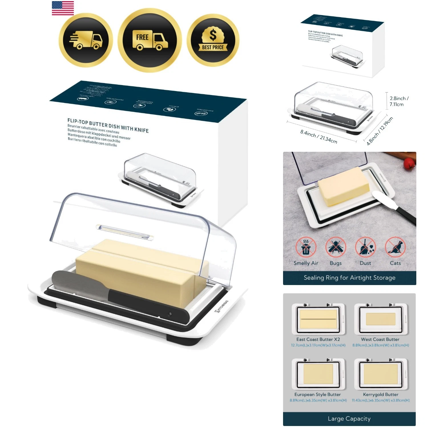 Airtight Flip-Top Butter Dish with Lid and Knife Spreader for Countertop and ...