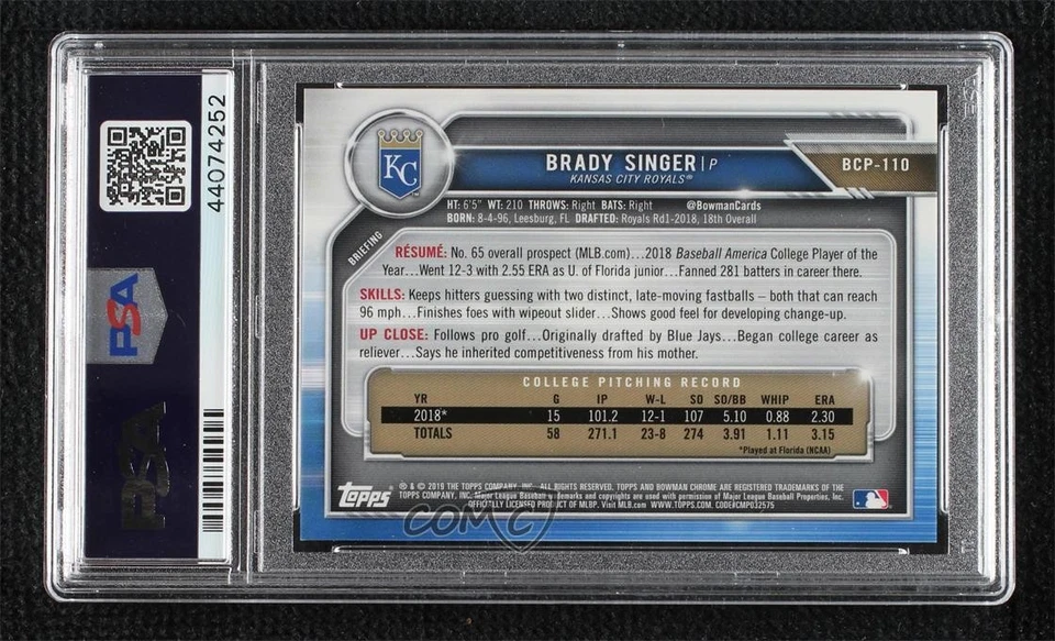2019 Bowman Chrome Prospects Gold Shimmer Refractor /50 Brady Singer PSA 10 - Image 2 of 2