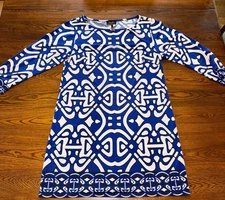 Laundry by Design Women’s Blue White Geometric Shift Dress Size 8 Long Sle