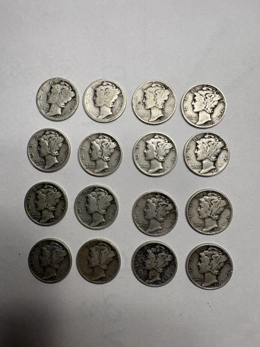 Silver Mercury Dimes Lot Of 16. 90% silver 16 coins. 1920-1945
