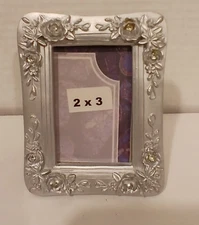 2x3 Silver Floral Jeweled Mini Picture Photo Frame TableTop