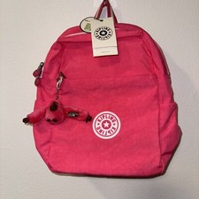 Mochila de nailon Kipling Ferris llamativa rosa y blanca con llavero mono nueva con etiquetas