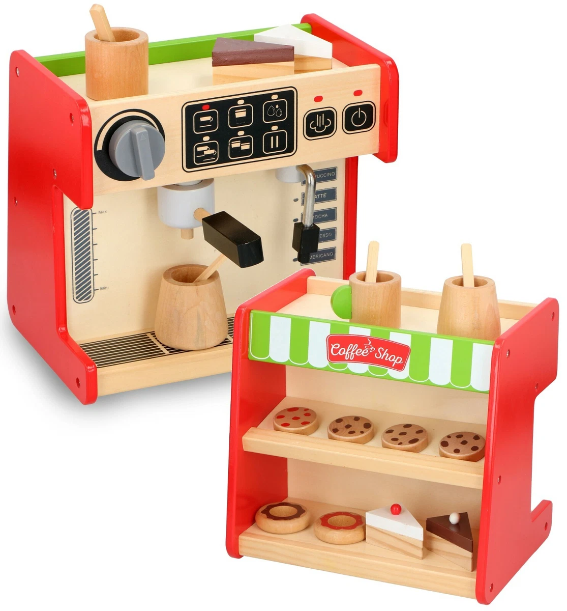 Kids 2 In 1 Wooden Coffee Machine Shop Creative Role Play Toy Play