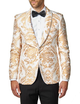 Herren Pfirsich Paisley Brokat Druck auf Elfenbein Creme Jacquard Jacke Tailored Fit Wed