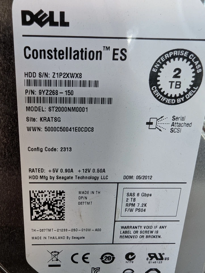 2  ST2000nm001 Dell CONSTELLATION ES 2TB 7.2K 6G 16MB 3.5in SAS Hard Drive - Image 2 of 3