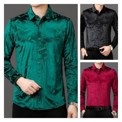 Men Velour Top Velvet Blouse Shirt Floral Working Casual Office Business Banquet - Picture 3 of 23