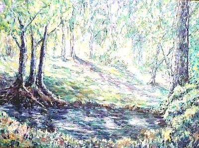 ''WALDLICHTUNG'' ACRYL AUF PAPPE 16''x 11'' NEU WALD LANDSCHAFT REALISMUS 