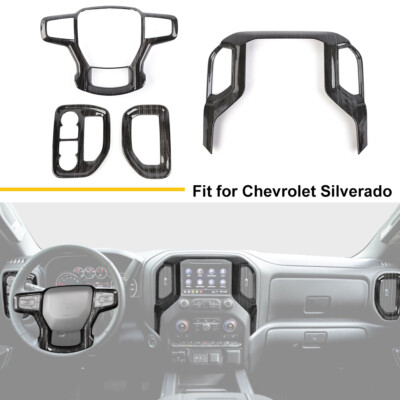 Black Wood Steering Wheel + Screen+AC Vent Cover Trims For Chevy Silverado 19-21