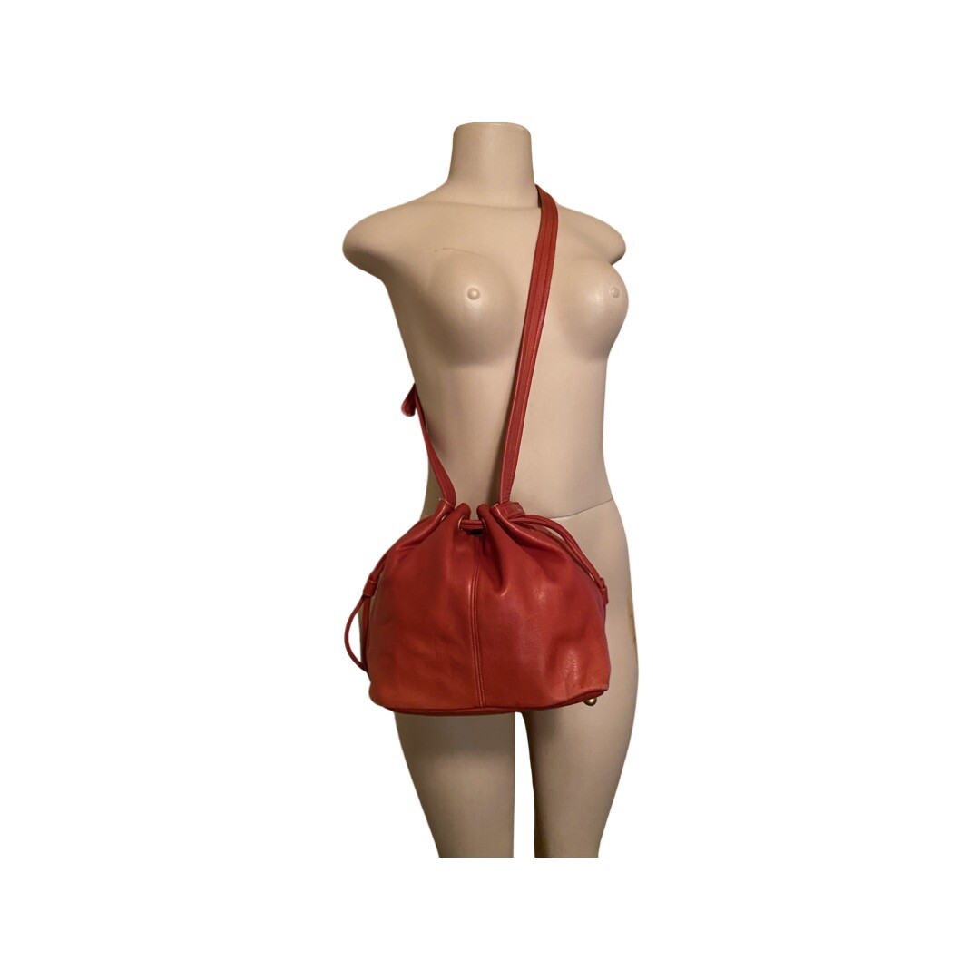 Tignanello Red Leather Medium Drawstrings Bucket … - image 1