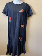 Mango Short Sleeve Denim Embroidered Floral Maxi Dress, Size 8 Ruffled Lyocell