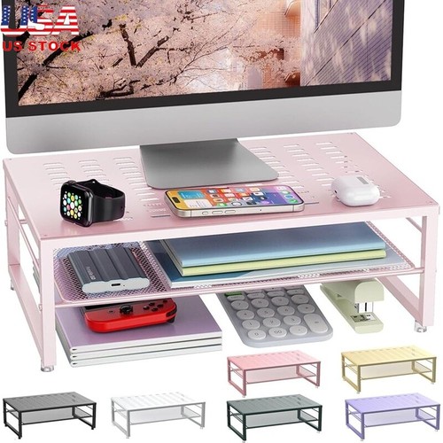 2-Tier Metal Monitor Stand Desk Organizer Office Storage Riser Laptop Supplies