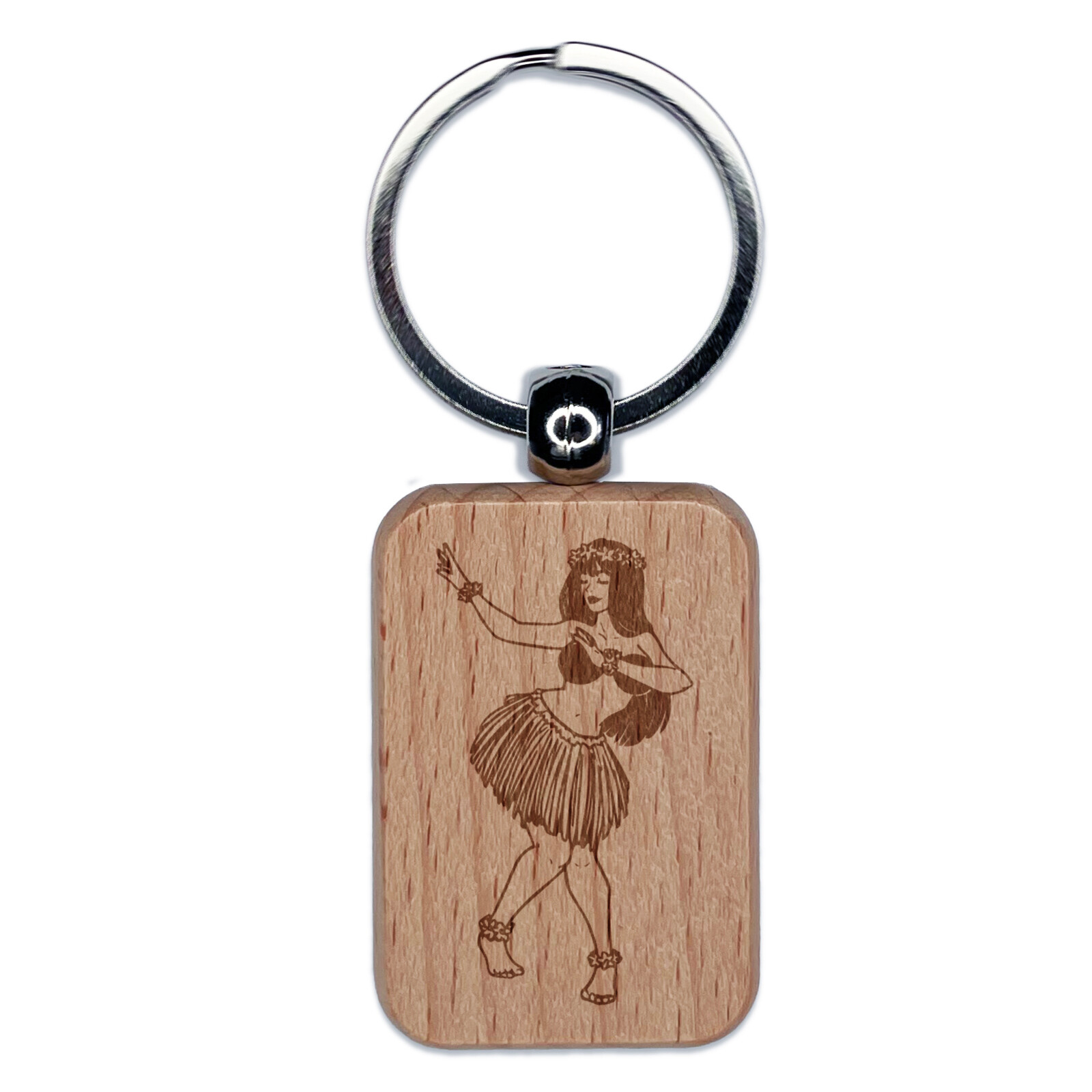 Dancing Hula Girl Hawaii Engraved Wood Rectangle Keychain Tag Charm