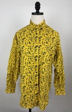 Vintage Button Up Shirt Womens Medium 80s 90s Geometric Print Yellow Cotton Top