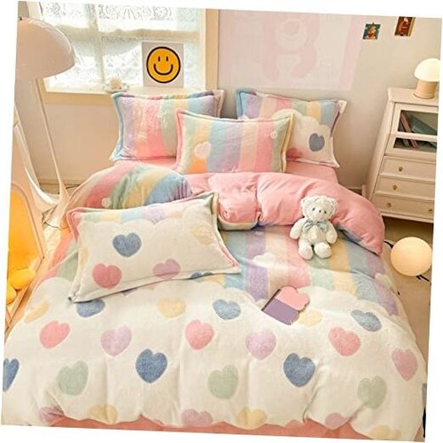 Pink Duvet Cover Queen, Rainbow Bedding Sets, Fluffy Comforter Covers Set,