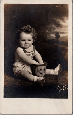 Antique RPPC Postcard Baby Boy with Toy Pail Studio Portrait Lanza