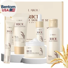 Skin Care Set, Korean Skin Care with Rice Cleanser, Toner, Serum, Eye Serum, Moi