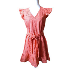 Isabel & Nina Women's Size 8 Coral Eyelet Ruffle V-Neck Dress With Belt