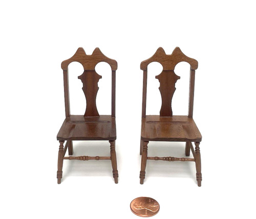 DOLLHOUSE MINIATURE SET OF 2 WOOD SIDE  CHAIRS WITH A WALNUT FINISH