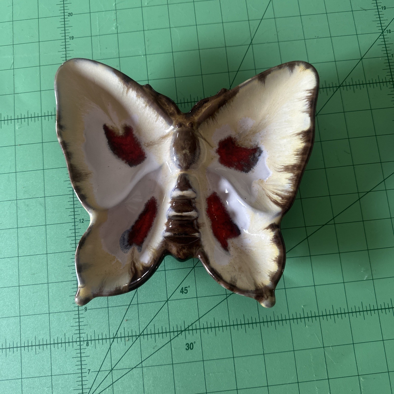 Vintage Enesco Ceramic Ashtray with Blue Red Butterfly MCM Glaze Drip Design