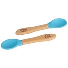 2x Children's Bamboo Spoons - Silicone Tip Eco-friendly Baby Feeding 14cm Blue