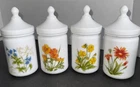 Vtg France Milk Glass Vanity Apothecary Jar Set Of 4 Dome Lids Florals 6"