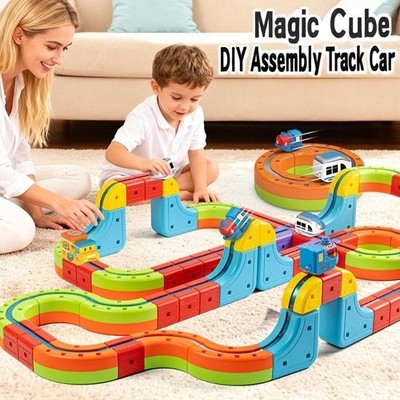 3D Würfel Elektrischer Zug Set Kinder Anti Schwerkraft Schiene Spielzeug Vorbau Gebäude Geschenk
