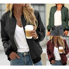Womens Lightweight Flight Jackets Ladies Long Sleeve Zip Up Casual Coat w/Pocket