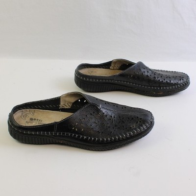 Spring Step Parre Schwarze Ledersandalen Floral Muster Mit Schlupf Clog Damen 39