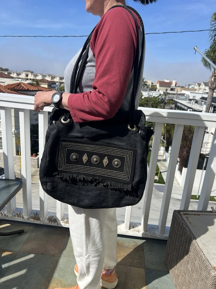 White Elephant Florence Italy linen canvas black fringe beaded tote aztec hippie - Image 3 of 4