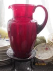 DEPRESSION ERA RUBY RED TALL PANEL OPTIC GLASS PITCHER REEDED HANDLE 10"
