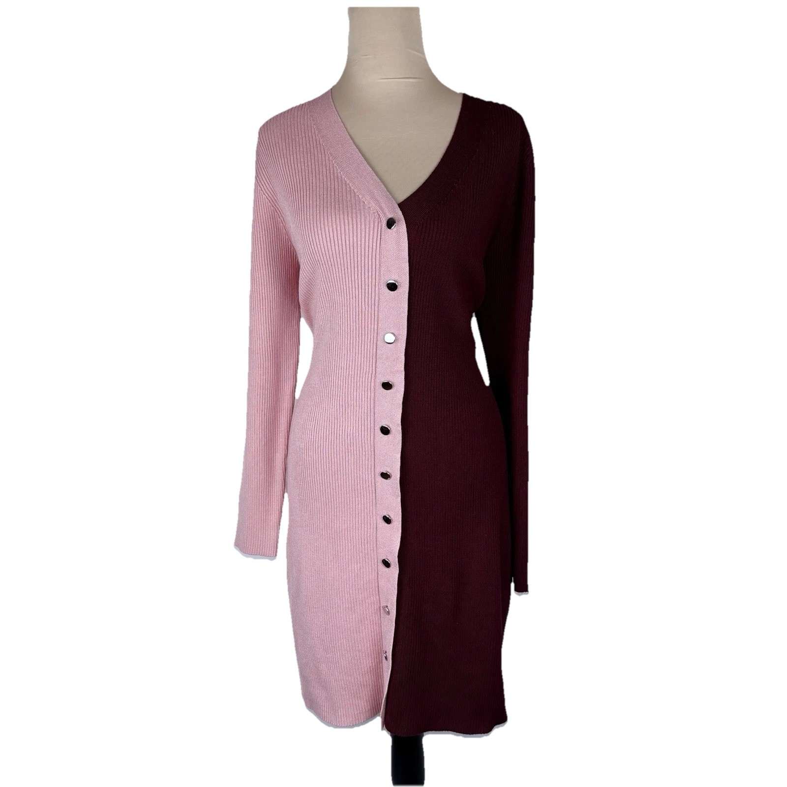 Womens Pink Burgundy Ribbed Midi Sweater Dress Button Down XL Y2K Soft Girl