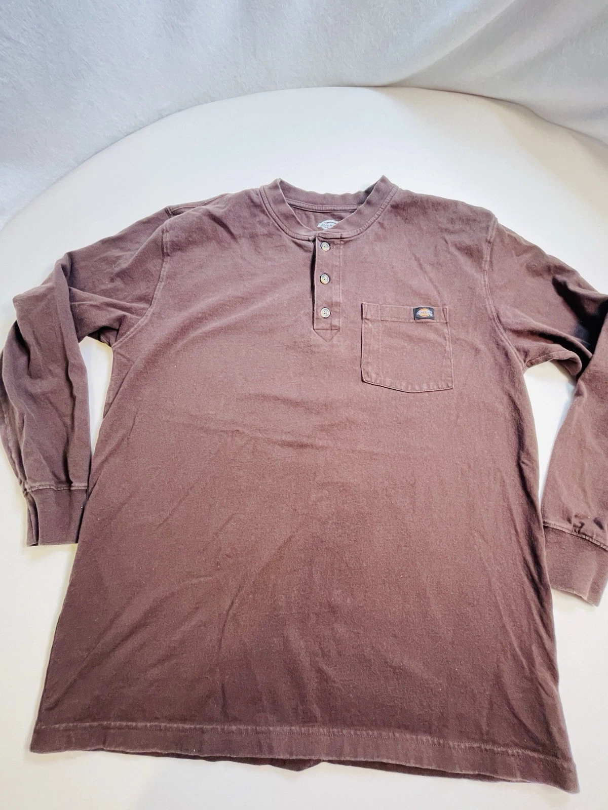 Dickies Mens Lg Brown Henley Shirt Lg Sleeve Pocket Logo Workwear Tee
