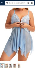 Front Closure Babydoll Lace Lingerie Set Chemise V Neck Mesh Sleepwear BLUE M