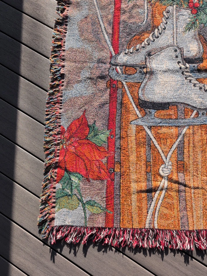 Tapestry Throw Blanket Featuring Ice Skates Sled Poinsettia By Sally Eckman - Image 2 of 4