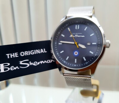 Ben Sherman Herrenuhr Mesh selbstjustierendes Armband leuchtend leicht ablesbar blaues Zifferblatt (2