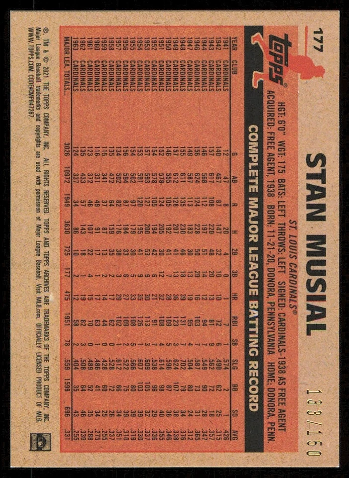 2021 Topps Archives Rainbow Foil #177 Stan Musial /150 - Image 2 of 2